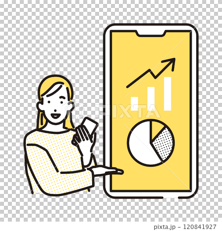 一個微笑的年輕女子指著智慧型手機的簡單插圖 一個微笑的年輕女子指著智慧型手機的簡單插圖 120841927