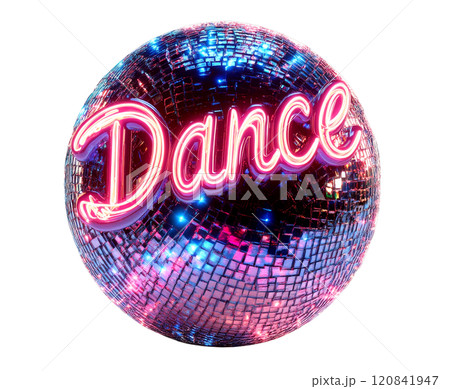 A shimmering disco ball with the word "DANCE" in neon pink letters, isolated on a transparent background. 120841947
