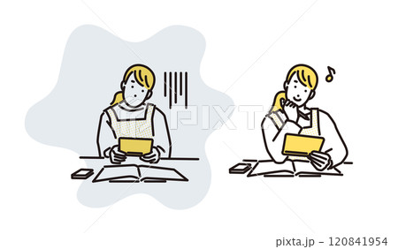 シンプル　イラスト　通帳を見て落ち込む女性と喜ぶ女性 120841954