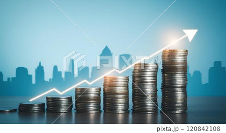 資産形成の成功を象徴する右肩上がりのコインとチャートのイラスト 120842108