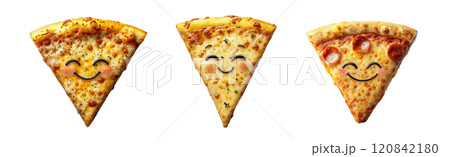 A cheerful pizza slice, sporting a wide grin and sparkling eyes, is isolated on a transparent background. 120842180