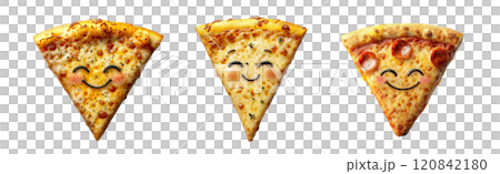 A cheerful pizza slice, sporting a wide grin and sparkling eyes, is isolated on a transparent background. 120842180