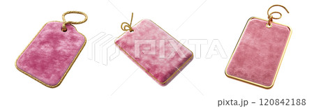 A set of elegant pink velvet tags adorned with golden edging, ideal for adding a touch of luxury to various items. A set of elegant pink velvet tags adorned with golden edging, ideal for adding a touch of luxury to various items. 120842188