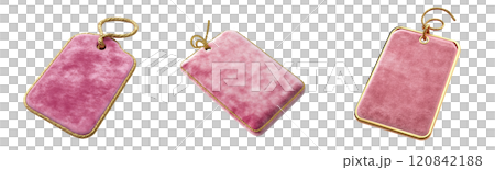 A set of elegant pink velvet tags adorned with golden edging, ideal for adding a touch of luxury to various items. A set of elegant pink velvet tags adorned with golden edging, ideal for adding a touch of luxury to various items. 120842188