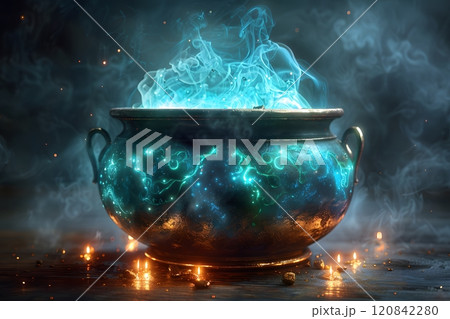 Mystical Cauldron with Glowing Blue Smoke for Fantasy Design and Storytelling Generative AI 120842280