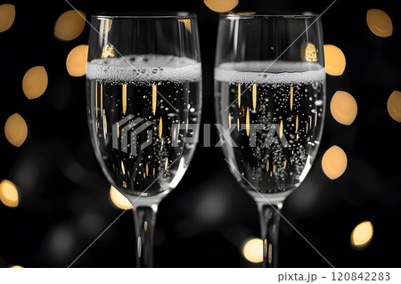 Elegant Celebration with Two Champagne Glasses and Golden Bokeh Generative AI 120842283