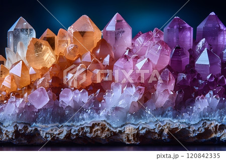 Vibrant Crystal Geode Display: Amethyst, Citrine, and Rose Quartz on Rock Formation Generative AI 120842335
