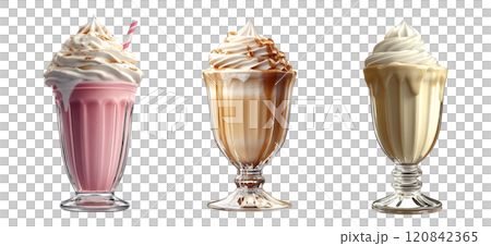 Three milkshakes, in different glasses and topped with whipped cream and various sauces, are displayed against a neutral background. 120842365