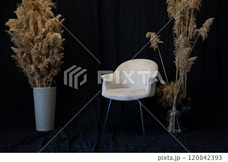 Chair and dried flowers on a black Chair and dried flowers on a black 120842393