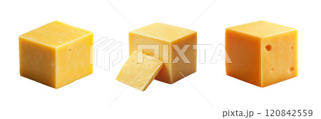 Three different images of yellow cheese cubes, isolated on a transparent white background. 120842559