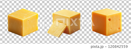 Three different images of yellow cheese cubes, isolated on a transparent white background. 120842559