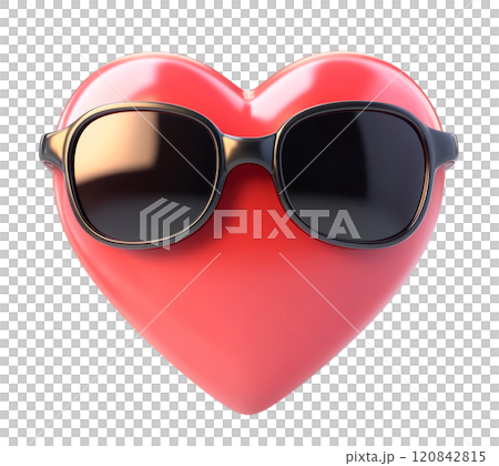 A 3D cartoon heart, adorned with stylish sunglasses, is isolated on a transparent background. 120842815