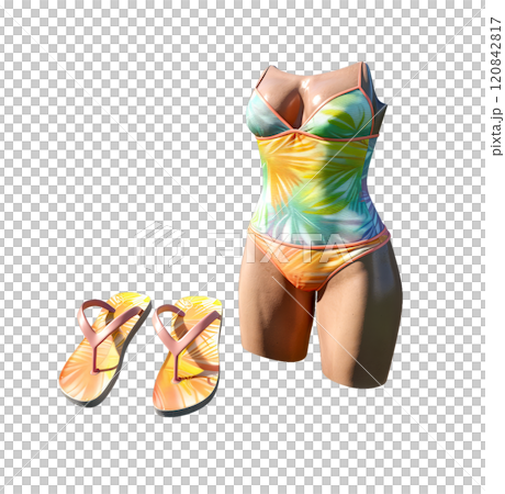 A colorful swimsuit and matching flip-flops are displayed on a mannequin. 120842817