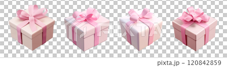 Four gift boxes, each wrapped in a different shade of pink and tied with a pink ribbon, are arranged in a row. 120842859