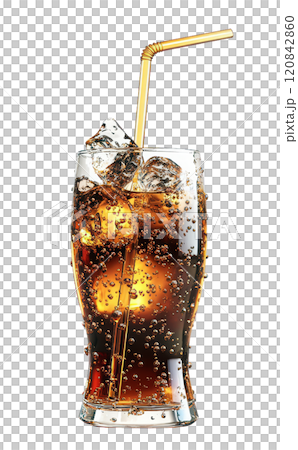 A glass filled with a dark, carbonated beverage, topped with ice cubes and a straw, is isolated on a transparent background. 120842860