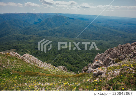 scenery from the top of the mountain to the forest and sky 120842867