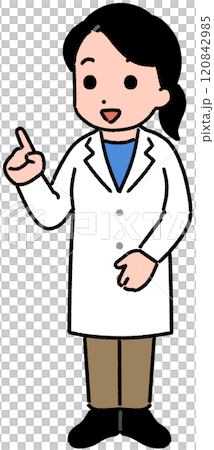Woman in white coat pointing finger 120842985