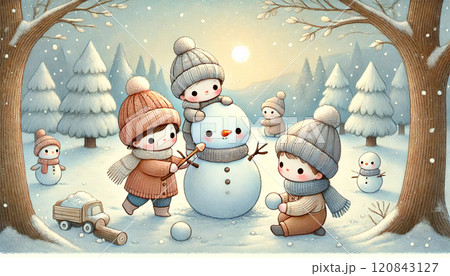 雪が降る森の中で子どもたちが協力して雪だるまを作り微笑ましい冬のひとときを楽しむ 120843127