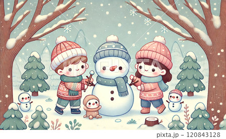 雪が降る森の中で仲良しの子どもたちが笑顔で雪だるまを作る楽しい冬のワンシーン 120843128
