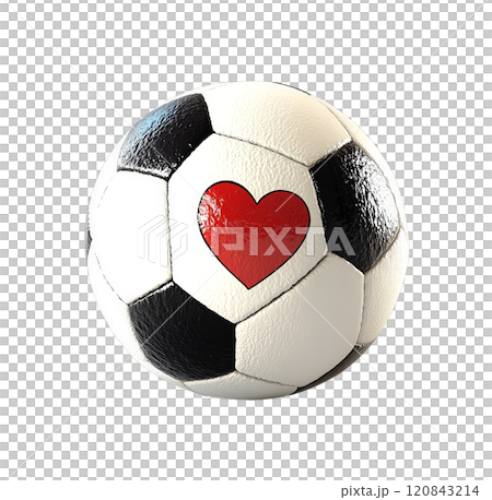 A classic soccer ball with a red heart painted on it sits isolated on a transparent background. 120843214