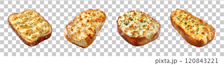 Four different types of garlic bread, including classic, cheesy, herb-infused, and spicy, are presented on a white plate. Four different types of garlic bread, including classic, cheesy, herb-infused, and spicy, are presented on a white plate. 120843221