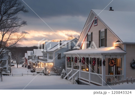 Snow covered houses in the village with christmas decorations 120843324