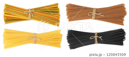 Colorful spaghetti tricolore pasta isolated on white background. Top view. Flat lay 120843509