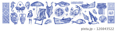 Mediterranean summer vacation doodle icon set, vector watercolor hand drawn sea shore collection.  120843522