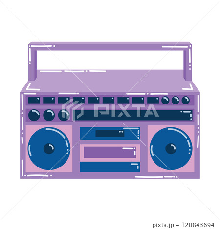 Cute cartoon retro boombox in 90's style isolated on white background. Music radio in retro style. Cute cartoon retro boombox in 90's style isolated on white background. Music radio in retro style. 120843694