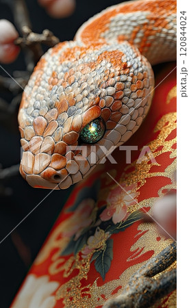 wooden snake year 2025 chinese A coiled wooden snake with glowing emerald eyes resting atop a traditional red and gold Chinese scroll, the words Year of the Wooden Snake engraved in ancient 120844024