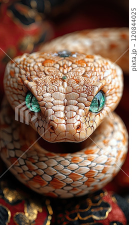 wooden snake year 2025 chinese A coiled wooden snake with glowing emerald eyes resting atop a traditional red and gold Chinese scroll, the words Year of the Wooden Snake engraved in ancient 120844025