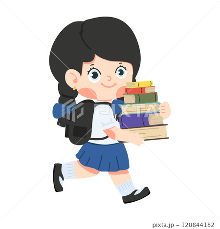 Girl holding stack of school books Girl holding stack of school books 120844182