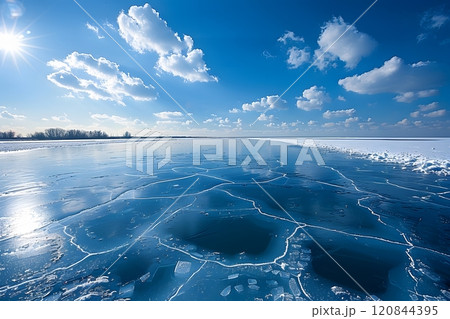 Winter Serenity: Frozen Lake and Scenic Blue Sky Horizon Generative AI 120844395