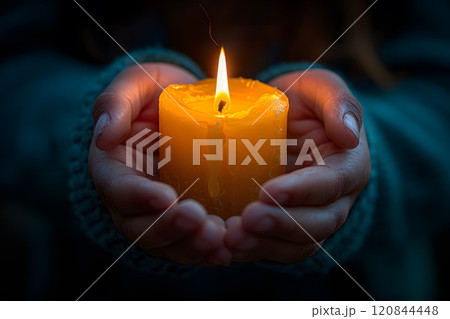 Serenity and Warmth: Hands Gently Cradling a Flickering Candle for Relaxation and Reflection Generative AI 120844448