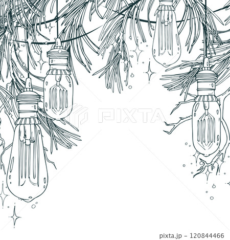 Retro Edison bulbs hanging with pine branches with stars and lights. Line art is a simple hand-drawn illustration in black and white ink. Template, frame, decorative framing vector EPS Christmas card 120844466