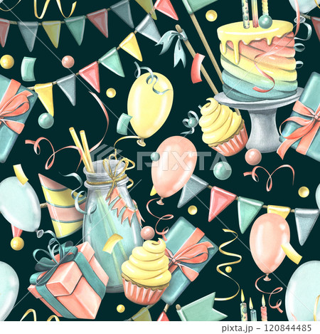 Cakes, cocktails, candles, balloons, festive garlands and confetti. Watercolor illustration. Seamless pattern from the HAPPY BIRTHDAY collection. For decoration and design of greetings and holidays Cakes, cocktails, candles, balloons, festive garlands and confetti. Watercolor illustration. Seamless pattern from the HAPPY BIRTHDAY collection. For decoration and design of greetings and holidays 120844485