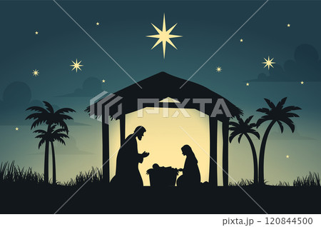 Nativity Christmas Mary, Joseph, baby Jesus starry night. Silhouette Jesus birth Christmas Bethlehem Nativity Christmas Mary, Joseph, baby Jesus starry night. Silhouette Jesus birth Christmas Bethlehem 120844500