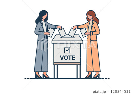 Woman voter box election campaign character. Women vote politics illustration. 120844531