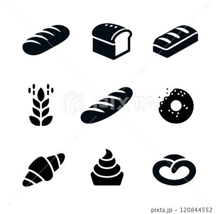 Bakery bread icon set. Pastry food bakery minimal icon design croissant donut cupcake illustration Bakery bread icon set. Pastry food bakery minimal icon design croissant donut cupcake illustration 120844552