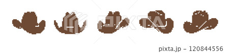 Pixelated cowboy hat icon. Retro-style brown cowboy hat graphic pixel art design. Pixelated cowboy hat icon. Retro-style brown cowboy hat graphic pixel art design. 120844556