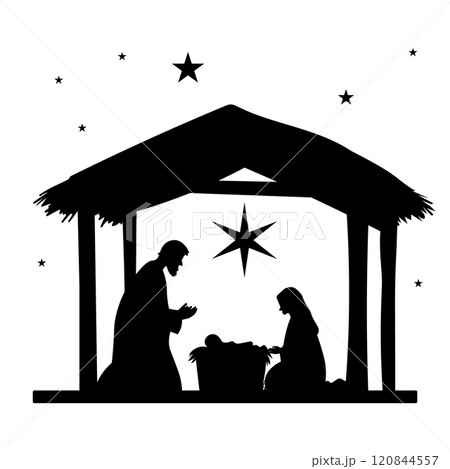Nativity Christmas Mary, Joseph, baby Jesus starry night. Silhouette Jesus birth Christmas Bethlehem Nativity Christmas Mary, Joseph, baby Jesus starry night. Silhouette Jesus birth Christmas Bethlehem 120844557
