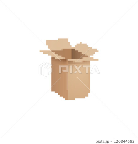Pixelated open cardboard box illustration. Simple pixel art of a brown cardboard box with an open 120844582
