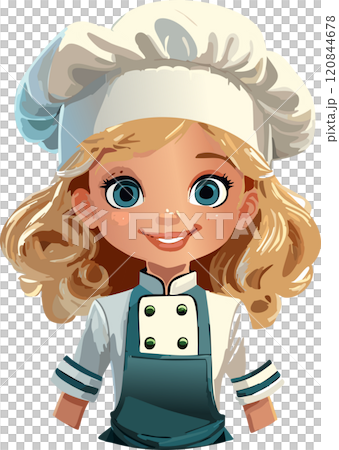 Cartoon style of a girl chef in a cap and apron Cartoon style of a girl chef in a cap and apron 120844678