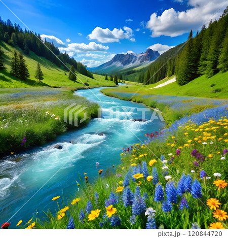 Flowing river with wildflowers and mountains in summer scenery.  120844720