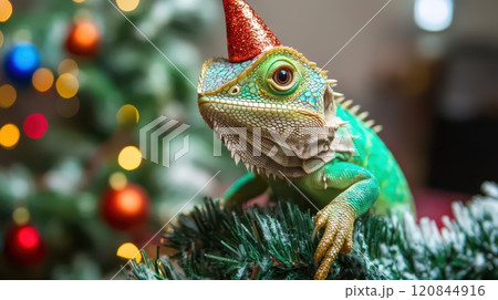 Festive lizard by Christmas tree Festive lizard by Christmas tree 120844916