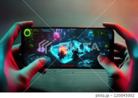 Close-up of a professional smartphone gamer competing in a mobile MOBA game on his smartphone. Generative AI 120845002