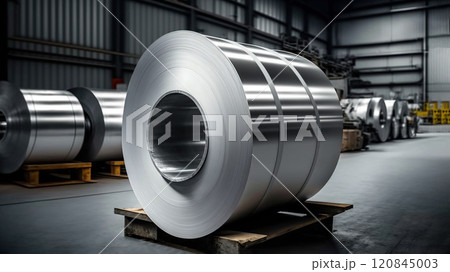 Packed rolls of steel sheet inside the warehouse. AI Generative. 120845003