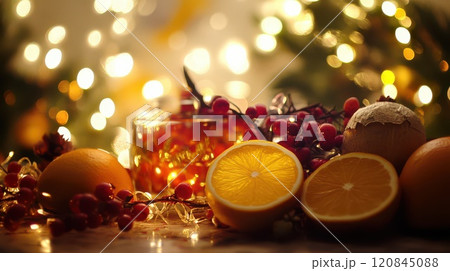 Festive fruit and decor table setup Festive fruit and decor table setup 120845088