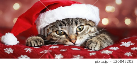 Cat wearing a festive Christmas hat indoors 120845202