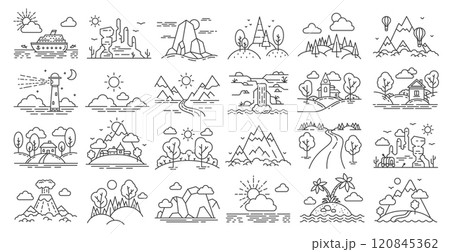 Linear landscapes of mountains, forests and rivers, trees and houses, hot air balloon and desert. Cruise ship, lighthouse and volcanoes. Ideal for travel and publication design. Vector illustration. Linear landscapes of mountains, forests and rivers, trees and houses, hot air balloon and desert. Cruise ship, lighthouse and volcanoes. Ideal for travel and publication design. Vector illustration. 120845362